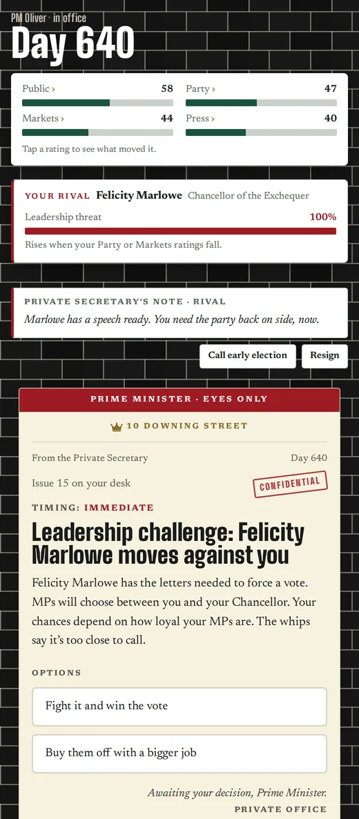 Survive No10 in Rival mode: a leadership challenge from Chancellor Felicity Marlowe