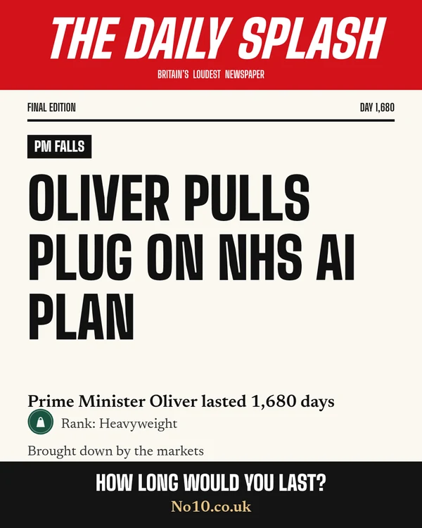A shareable Daily Splash final front page: Prime Minister Oliver lasted 1,680 days